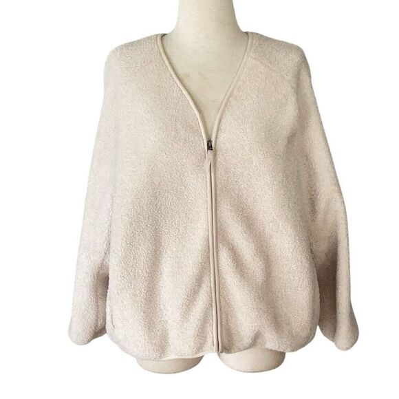 Uniqlo Cream Sherpa Fleece Zip Up Jacket Coat Women’s XL V-Neck - Picture 1 of 9